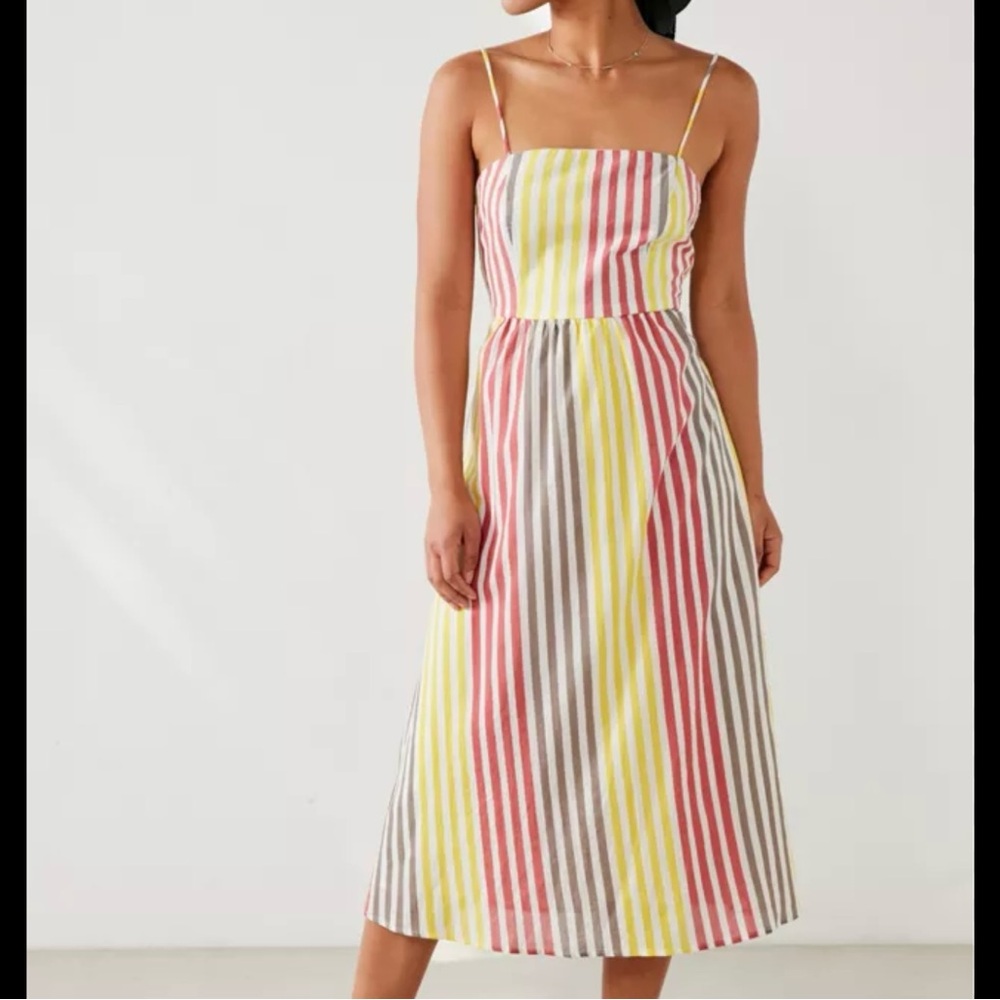 Cooperative Red, Yellow, and Gray Striped Midi Dress